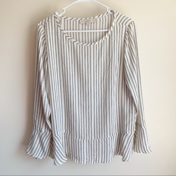 LOFT Tops - Loft Bell Sleeve Ruffle Back Striped Career Blouse